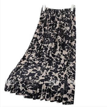 A-vonalú midi szoknya, hosszú, virágos mintázat, Ice Silk, 70–80% viszkóz, enyhe nyújthatóság, 2025 nyár