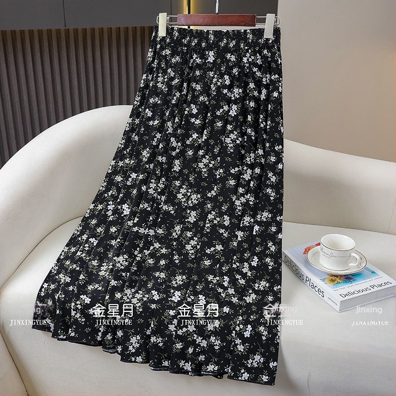 A-vonalú midi szoknya, hosszú, virágos mintázat, Ice Silk, 70–80% viszkóz, enyhe nyújthatóság, 2025 nyár