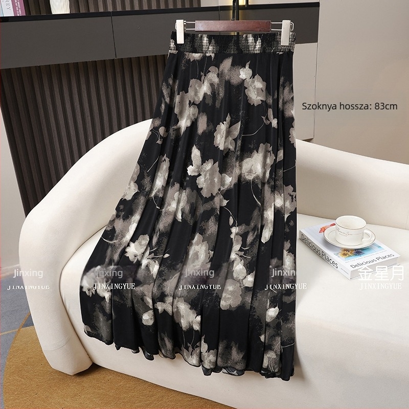 A-vonalú midi szoknya, hosszú, virágos mintázat, Ice Silk, 70–80% viszkóz, enyhe nyújthatóság, 2025 nyár