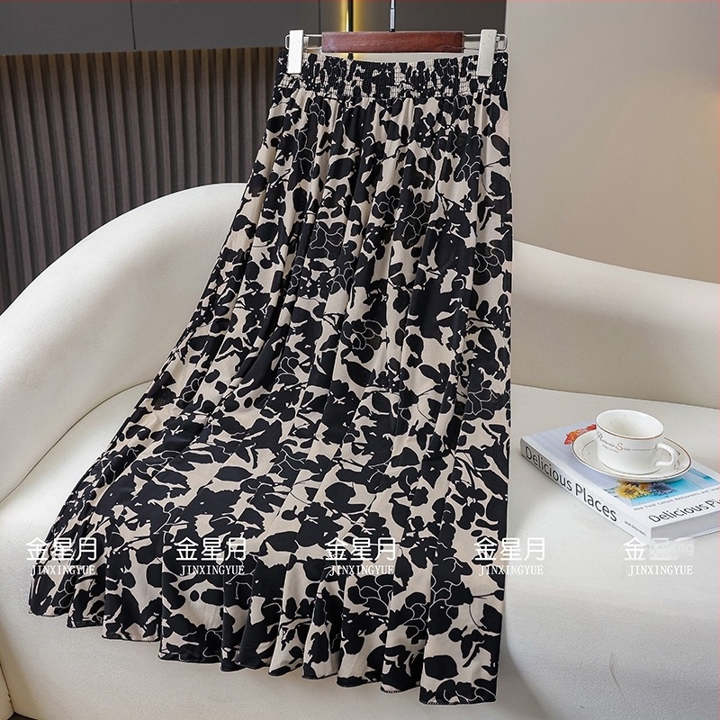 A-vonalú midi szoknya, hosszú, virágos mintázat, Ice Silk, 70–80% viszkóz, enyhe nyújthatóság, 2025 nyár