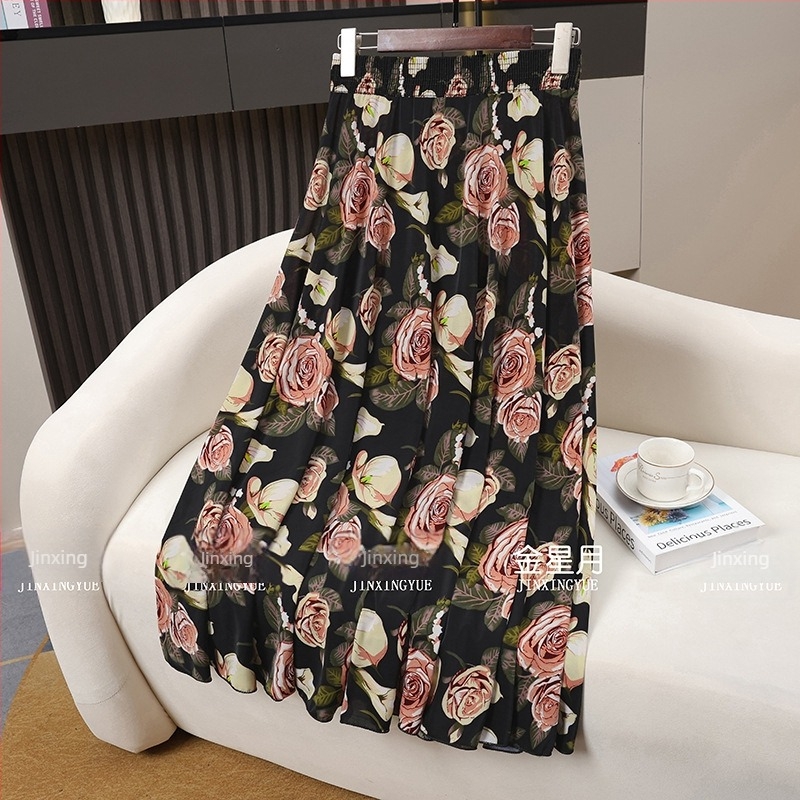 A-vonalú midi szoknya, hosszú, virágos mintázat, Ice Silk, 70–80% viszkóz, enyhe nyújthatóság, 2025 nyár