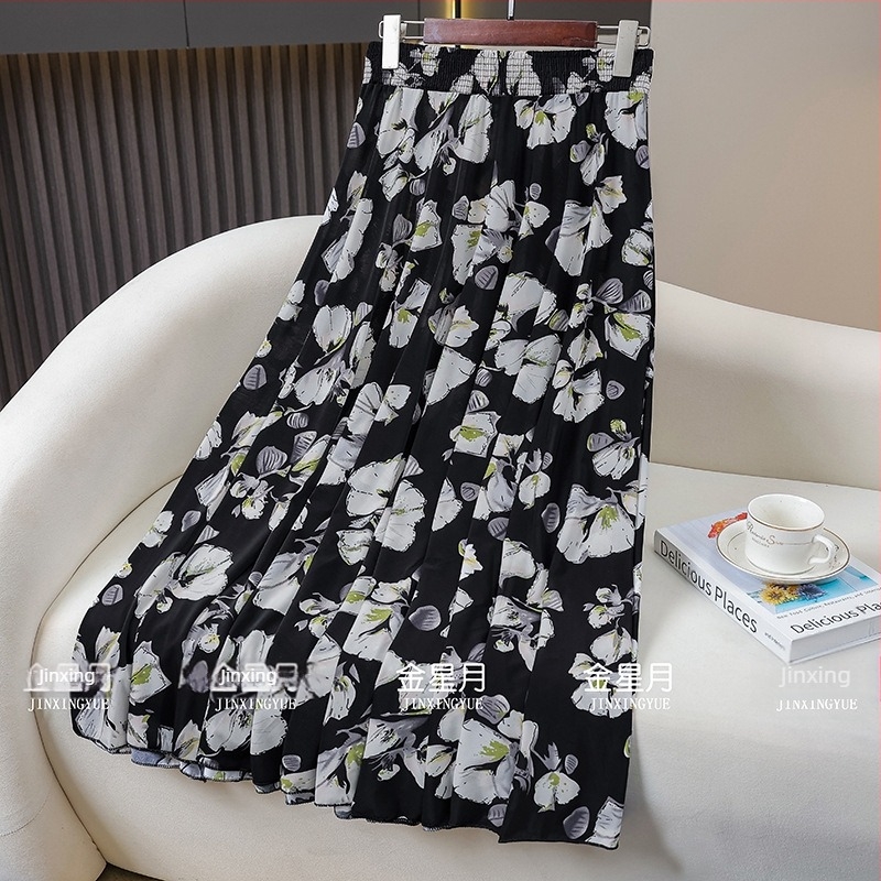 A-vonalú midi szoknya, hosszú, virágos mintázat, Ice Silk, 70–80% viszkóz, enyhe nyújthatóság, 2025 nyár