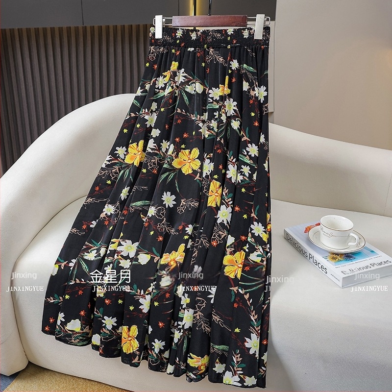 A-vonalú midi szoknya, hosszú, virágos mintázat, Ice Silk, 70–80% viszkóz, enyhe nyújthatóság, 2025 nyár