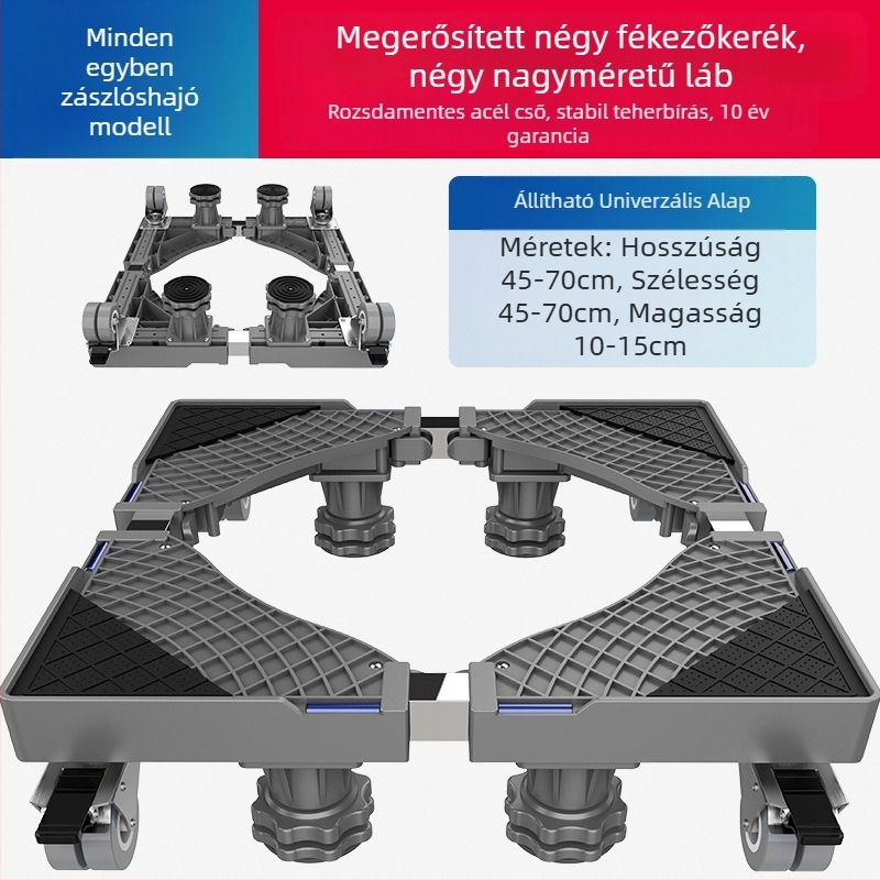 Általános mosógép alap mozgó kerekekkel és tárolópolccal, rezgéscsillapító lábakkal