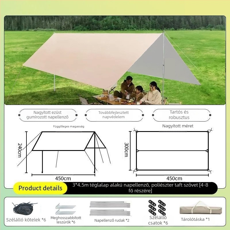 Gyorsnyitású vinil sátor – minden egyben kempingezéshez: árnyékolás, grill és teafőzés, hordozható kültéri menedék (4,5 × 2,4 m, 2–20 fő)