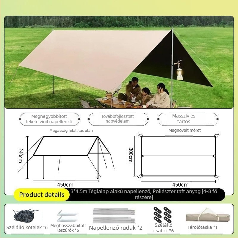 Gyorsnyitású vinil sátor – minden egyben kempingezéshez: árnyékolás, grill és teafőzés, hordozható kültéri menedék (4,5 × 2,4 m, 2–20 fő)