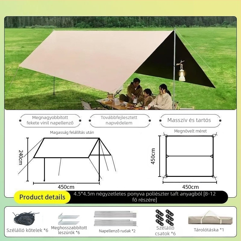 Gyorsnyitású vinil sátor – minden egyben kempingezéshez: árnyékolás, grill és teafőzés, hordozható kültéri menedék (4,5 × 2,4 m, 2–20 fő)