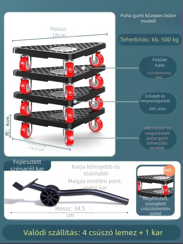 Forgó kerekekkel ellátott univerzális mozgó alap a nehéz bútorok és hűtőszekrények mozgatásához