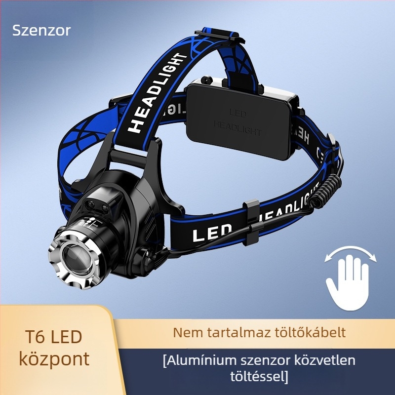 LED fejlámpa teleszkópos zoommal – V9 modell, tölthető, indukciós kapcsoló, vízálló