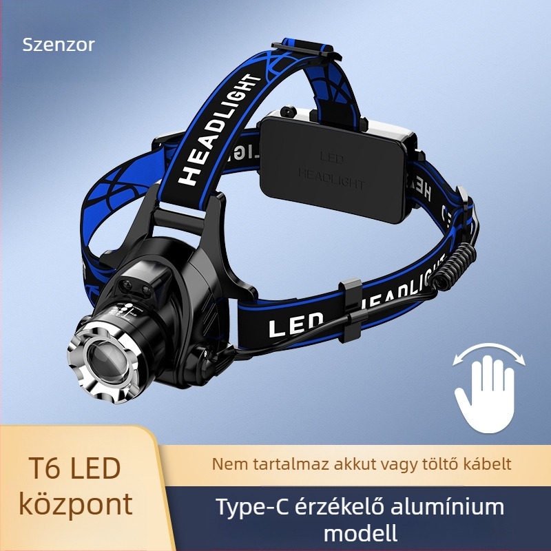 LED fejlámpa teleszkópos zoommal – V9 modell, tölthető, indukciós kapcsoló, vízálló