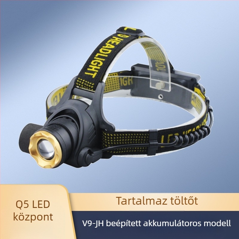 LED fejlámpa teleszkópos zoommal – V9 modell, tölthető, indukciós kapcsoló, vízálló