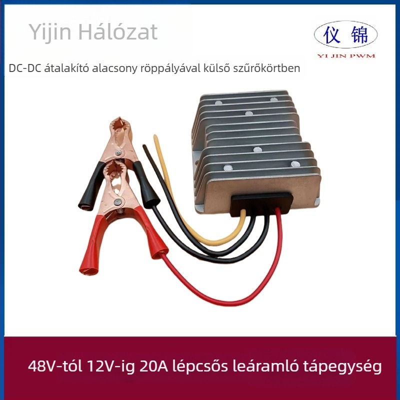 Gépjármű DC-DC konverter 48V‑12V, 10–30A, IP67 vízálló, bemenet 18–75V, kimenet 12V DC, kapcsolóüzemű tápegység