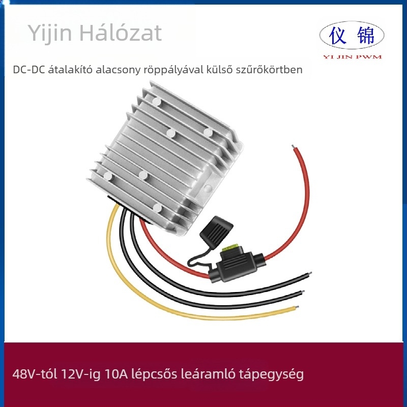 Gépjármű DC-DC konverter 48V‑12V, 10–30A, IP67 vízálló, bemenet 18–75V, kimenet 12V DC, kapcsolóüzemű tápegység