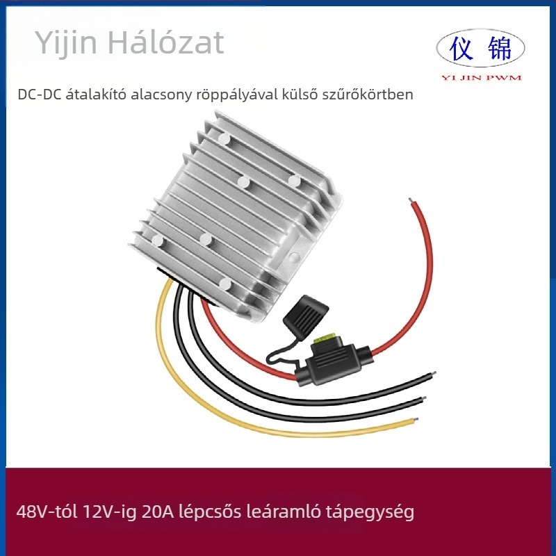 Gépjármű DC-DC konverter 48V‑12V, 10–30A, IP67 vízálló, bemenet 18–75V, kimenet 12V DC, kapcsolóüzemű tápegység