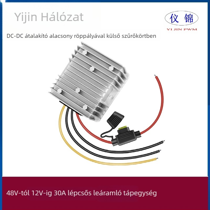 Gépjármű DC-DC konverter 48V‑12V, 10–30A, IP67 vízálló, bemenet 18–75V, kimenet 12V DC, kapcsolóüzemű tápegység