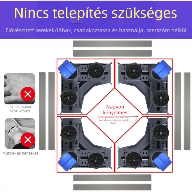 Mosógép alátámasztó alap; csúszásmentes, állítható, mozgatható; szerelés nélkül; anyag: műanyag, 3 rétegű