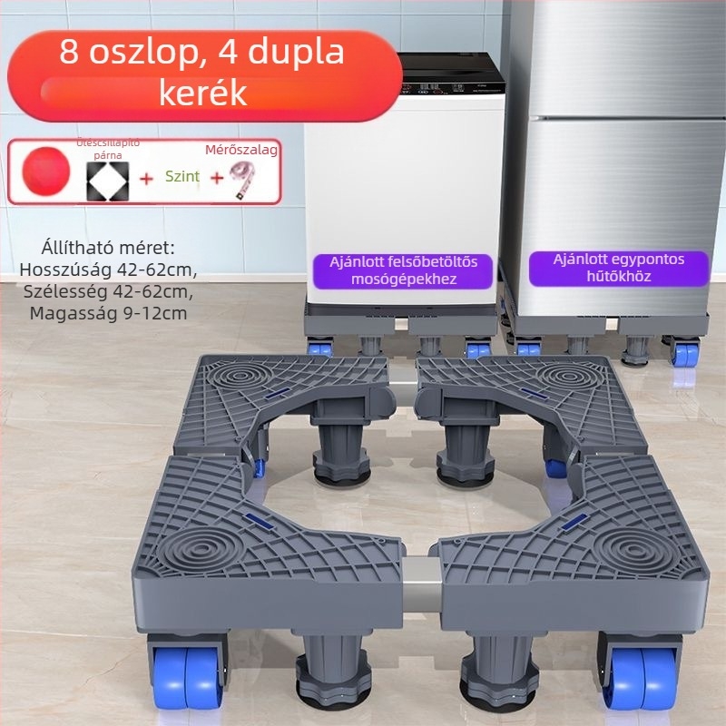 Mosógép alátámasztó alap; csúszásmentes, állítható, mozgatható; szerelés nélkül; anyag: műanyag, 3 rétegű
