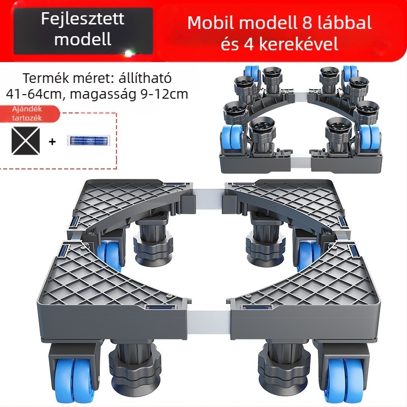Mosógép alátámasztó alap; csúszásmentes, állítható, mozgatható; szerelés nélkül; anyag: műanyag, 3 rétegű