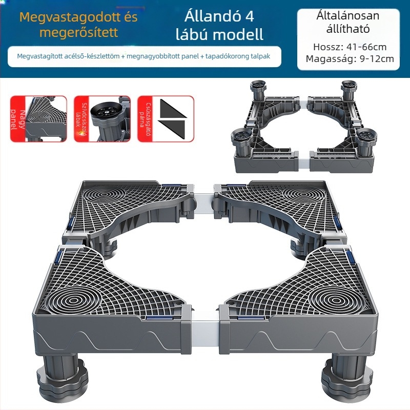 Mosógép alátámasztó alap; csúszásmentes, állítható, mozgatható; szerelés nélkül; anyag: műanyag, 3 rétegű