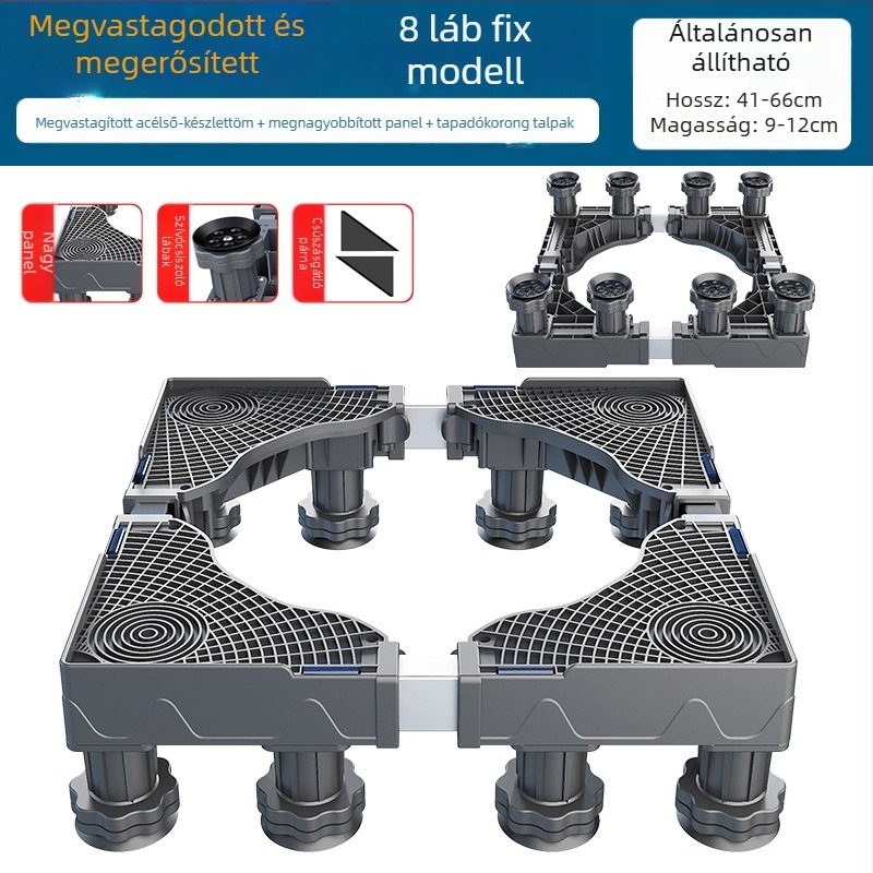 Mosógép alátámasztó alap; csúszásmentes, állítható, mozgatható; szerelés nélkül; anyag: műanyag, 3 rétegű