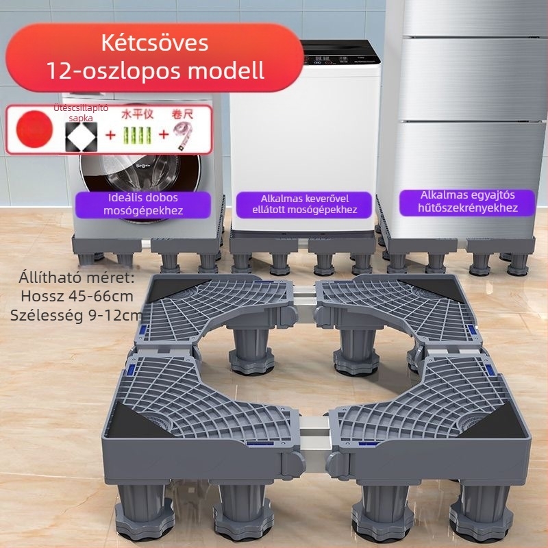 Mosógép alátámasztó alap; csúszásmentes, állítható, mozgatható; szerelés nélkül; anyag: műanyag, 3 rétegű
