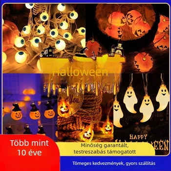 Halloween LED fényfüzér tök lámpással, szellem, koponya és pókok motívumokkal – vízálló dekorációs fény USB- vagy akkumulátoros működéssel