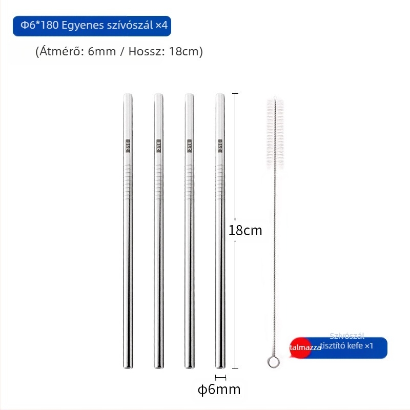 Szívószál, 316 rozsdamentes acél, egyenes, hordozható háztartási használatra tejhez, kávéhoz vagy zabkásához