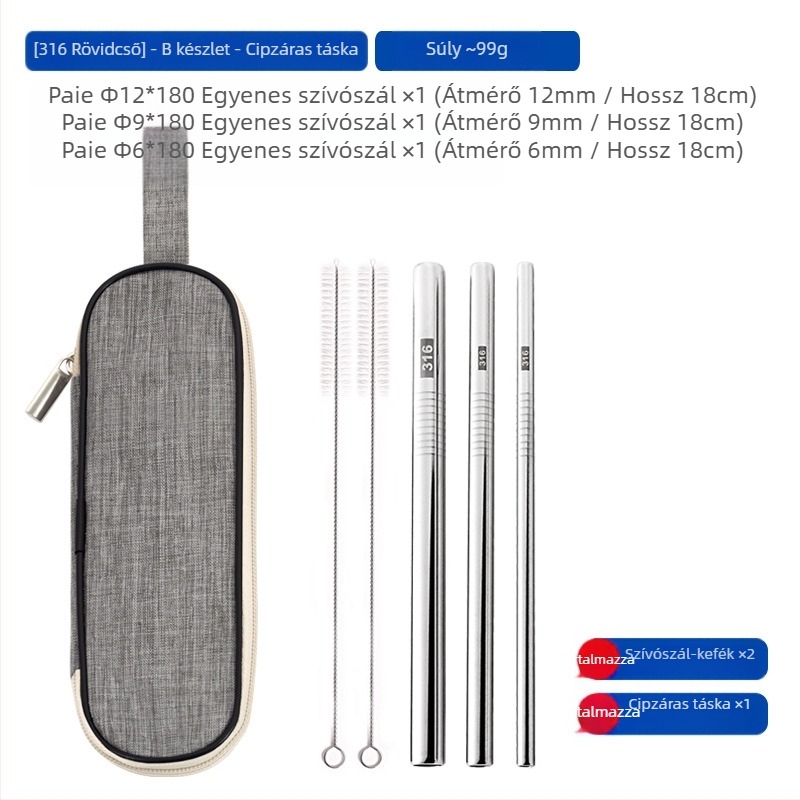 Szívószál, 316 rozsdamentes acél, egyenes, hordozható háztartási használatra tejhez, kávéhoz vagy zabkásához