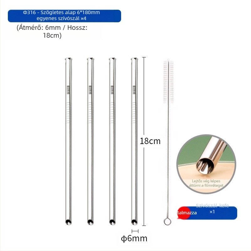 Szívószál, 316 rozsdamentes acél, egyenes, hordozható háztartási használatra tejhez, kávéhoz vagy zabkásához
