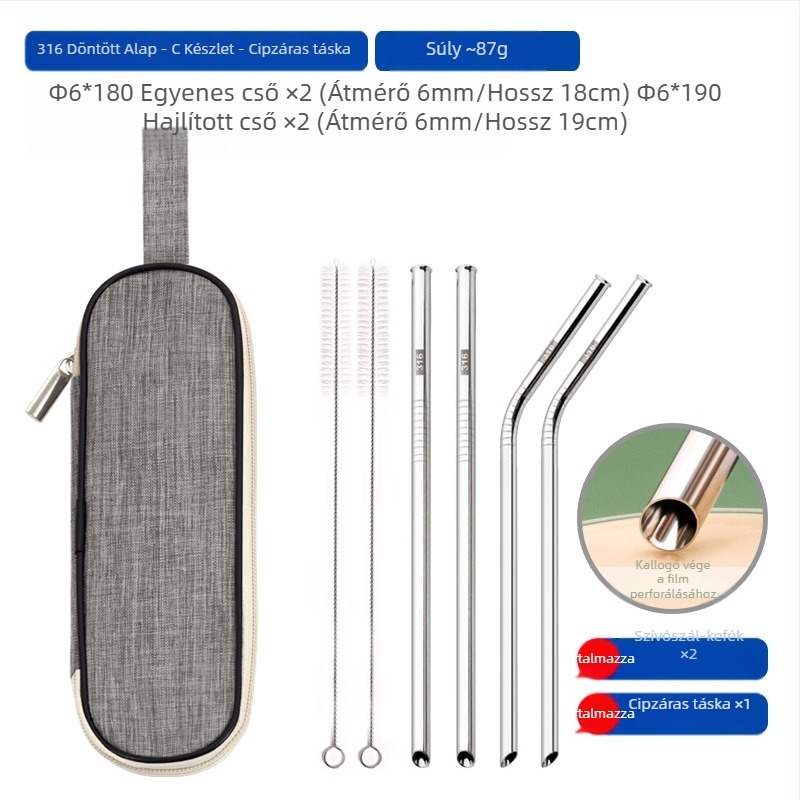 Szívószál, 316 rozsdamentes acél, egyenes, hordozható háztartási használatra tejhez, kávéhoz vagy zabkásához