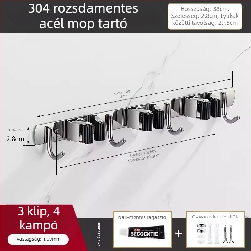 304 rozsdamentes acél mop tartó és többfunkciós felakasztó fürdőszobához, CE tanúsítvány, polírozott felület, Yong Qi, 0,5 kg, Tanúsítvány CCI20070040CER