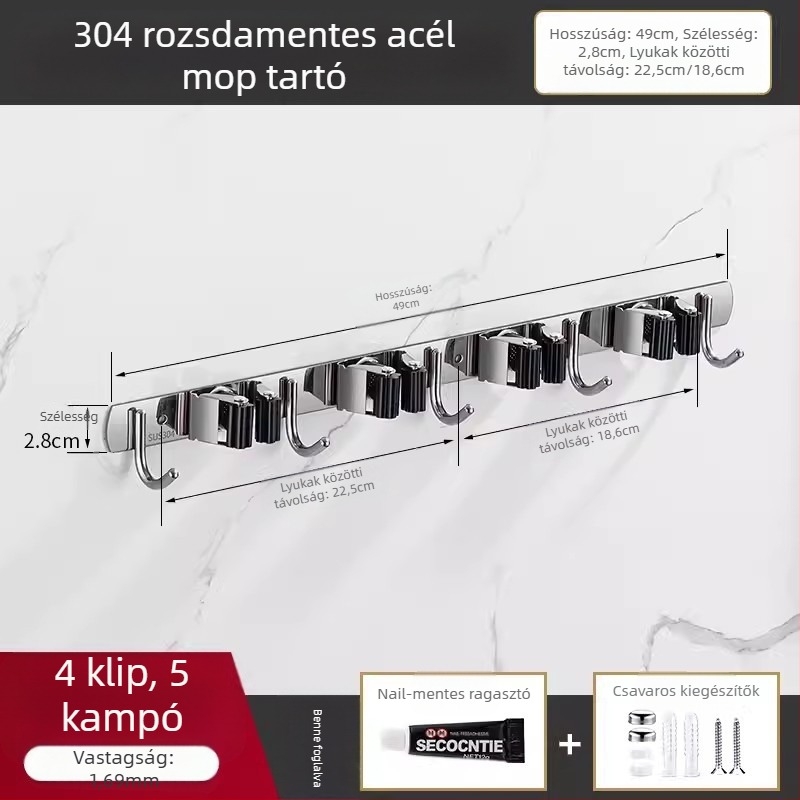 304 rozsdamentes acél mop tartó és többfunkciós felakasztó fürdőszobához, CE tanúsítvány, polírozott felület, Yong Qi, 0,5 kg, Tanúsítvány CCI20070040CER