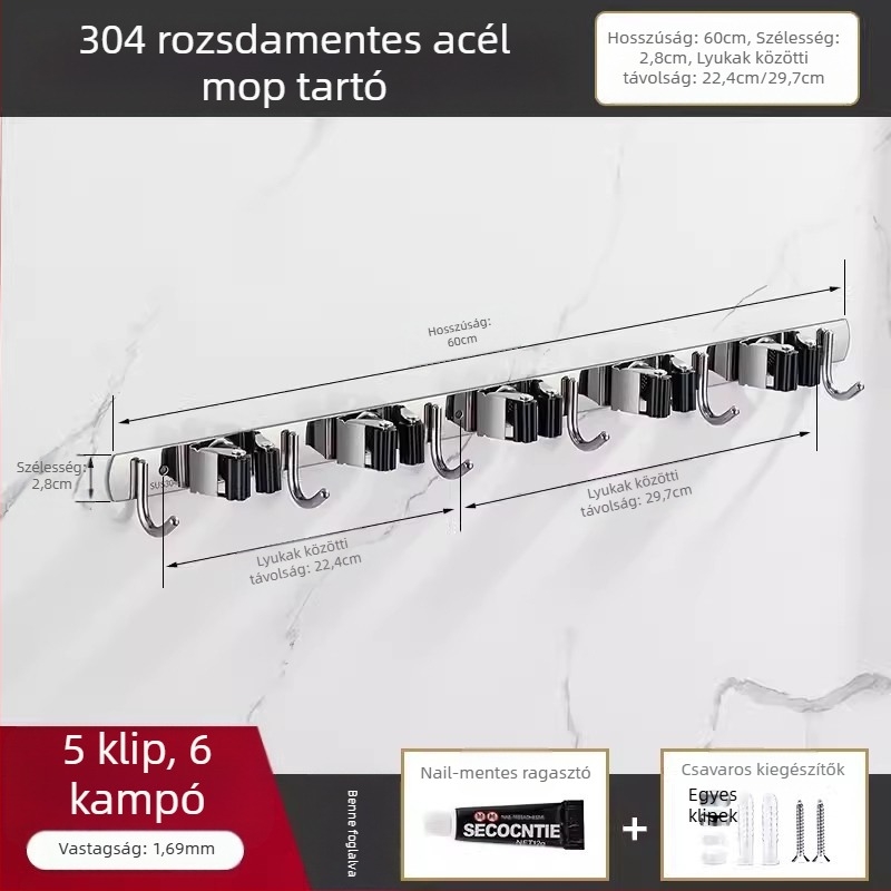304 rozsdamentes acél mop tartó és többfunkciós felakasztó fürdőszobához, CE tanúsítvány, polírozott felület, Yong Qi, 0,5 kg, Tanúsítvány CCI20070040CER