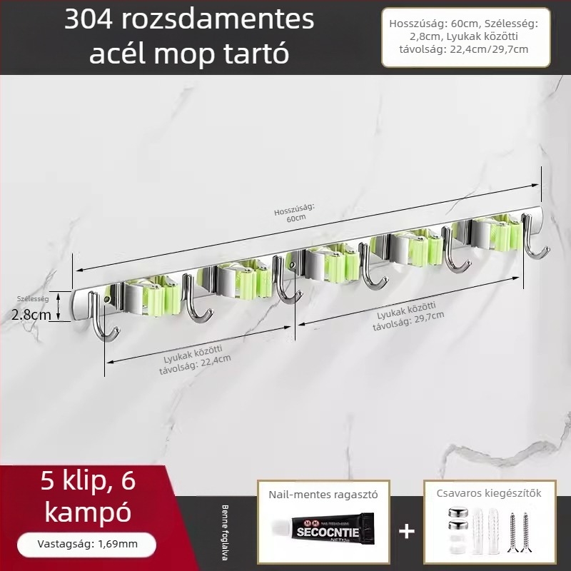 304 rozsdamentes acél mop tartó és többfunkciós felakasztó fürdőszobához, CE tanúsítvány, polírozott felület, Yong Qi, 0,5 kg, Tanúsítvány CCI20070040CER