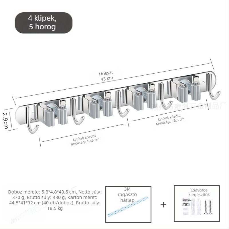 304 rozsdamentes acél mop tartó és többfunkciós felakasztó fürdőszobához, CE tanúsítvány, polírozott felület, Yong Qi, 0,5 kg, Tanúsítvány CCI20070040CER