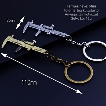 Fém mini vernier tolómérő kulcstartó, állítható csavar, modern minimalist design, egyedi csomagolás.