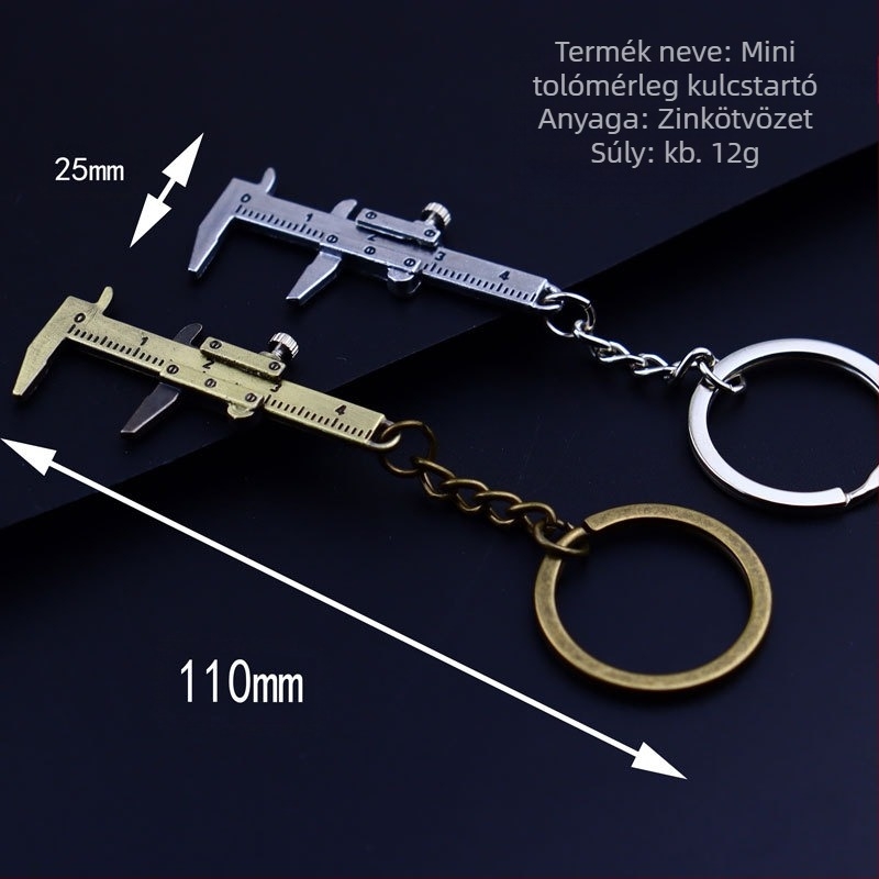 Fém mini vernier tolómérő kulcstartó, állítható csavar, modern minimalist design, egyedi csomagolás.