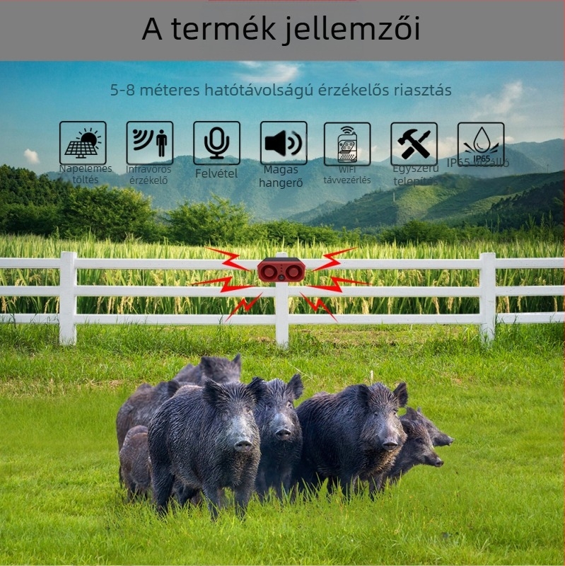 Napelemes riasztórendszer kiváló teljesítményű kettős hangszóróval, infravörös mozgásérzékelővel és villogó fénnyel az állatok elriasztására (modell N911T, napelemes energiaellátás, helyi riasztás, több vezeték nélküli eszköz támogatása, hőmérséklet 0-50°C