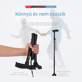 Négy lábú csúszásmentes sétabot időseknek, összecsukható alumíniumötvözet, teleszkópos, 4 részre tagolt magasságállítás, súly 400 g, márka CLEYE