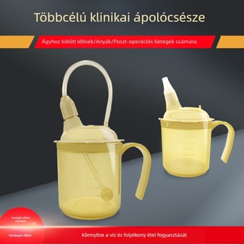 Ágyban fekvő idős betegek ivópohara szívócsővel, védelem a nyelési nehézség és a szivárgások ellen, nyakba akasztható zsinórral