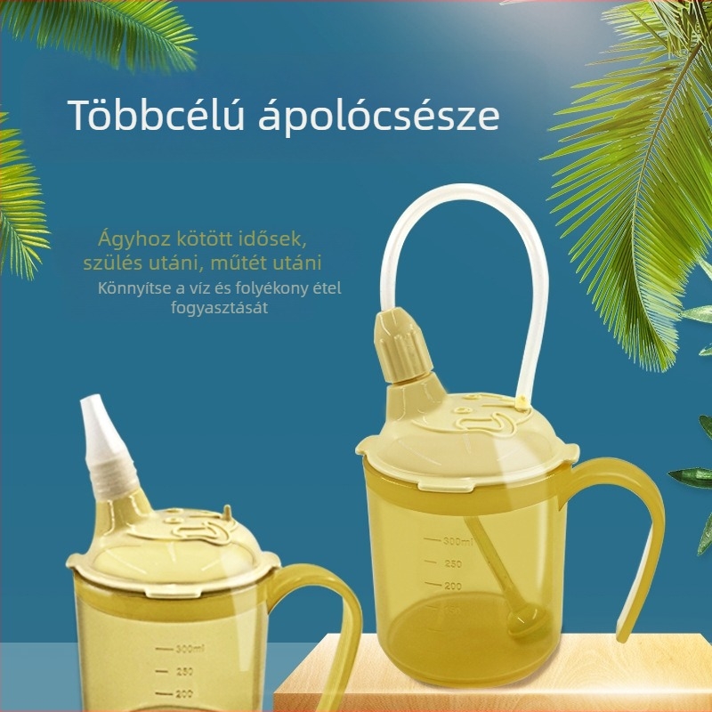 Ágyban fekvő idős betegek ivópohara szívócsővel, védelem a nyelési nehézség és a szivárgások ellen, nyakba akasztható zsinórral