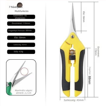 Szőlőmetsző olló, rozsdamentes acél, multifunkcionális kerti olló virágokhoz és gyümölcs- és zöldségszedéshez