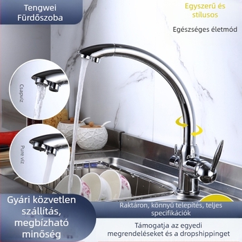 Forgatható konyhai csaptele mosogatóhoz közvetlen ivóvízzel – réz test, kerámiás szelep, 0–90°C, modell 662-2, M10x1 csatlakozók