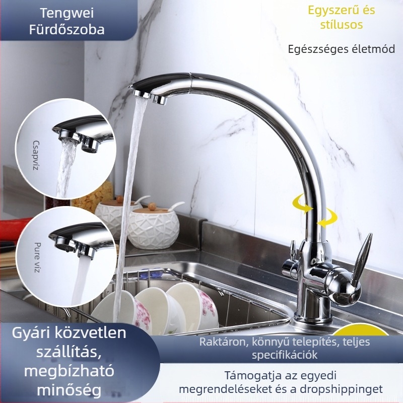 Forgatható konyhai csaptele mosogatóhoz közvetlen ivóvízzel – réz test, kerámiás szelep, 0–90°C, modell 662-2, M10x1 csatlakozók
