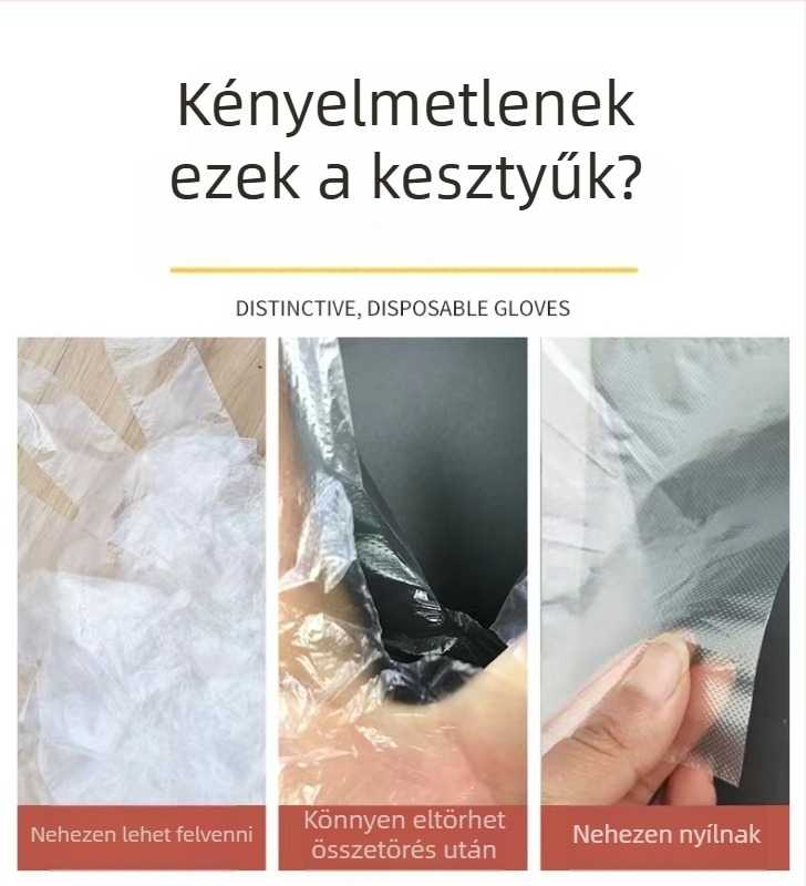 Vastagított akasztónyílással ellátott egyszer használatos catering kesztyűk, polietilen, porálló, 0.013 mm vastagság