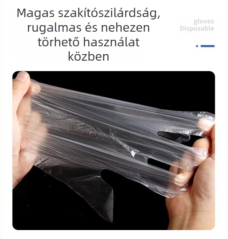 Vastagított akasztónyílással ellátott egyszer használatos catering kesztyűk, polietilen, porálló, 0.013 mm vastagság