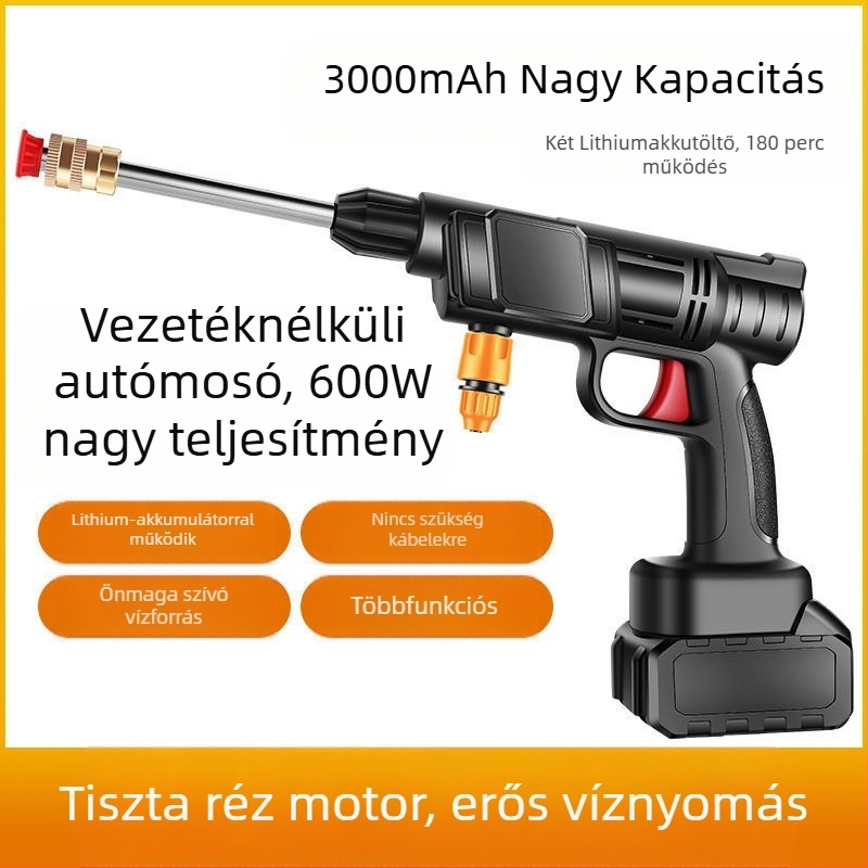 Vezeték nélküli autómosó vízpuskás készlet, hordozható elektromos vízpuskával, réz fej, 10 kg nyomás, 2 permetezési mód