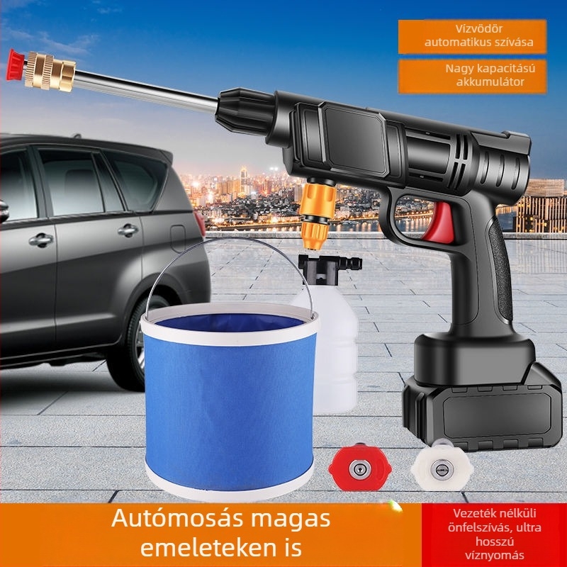 Vezeték nélküli autómosó vízpuskás készlet, hordozható elektromos vízpuskával, réz fej, 10 kg nyomás, 2 permetezési mód