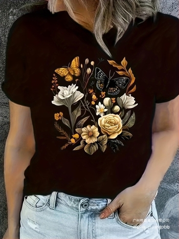 Női laza nyári rövid ujjú T‑póló pillangó és virág mintával, kerek nyak, pamut + 95% poliészter / 5% elasztán keverék, 2025 nyár