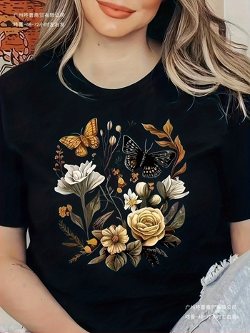 Női laza nyári rövid ujjú T‑póló pillangó és virág mintával, kerek nyak, pamut + 95% poliészter / 5% elasztán keverék, 2025 nyár